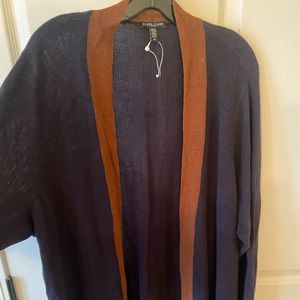Navy with brown trim long cardigan sweater Eileen Fisher